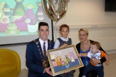 The Mayor of South Dublin county with Doodle Den pupil Ana Guilia from St. Brigid's Junior National School at the 1000th child to enroll in Doodle Den, and launch of www.doodleden.ie, on International Literacy Day 2014.