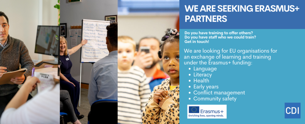 Erasmus Plus ad with photos of children and restorative practices training