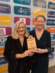 Marian Quinn, CEO of the Childhood Development Initiative (CDI) and Claire Casey, CDIs Restorative Practices Manager, with the award for "Best Not-for-Profit Organisation", at the South Dublin County Business Awards hosted by the South Dublin Chamber.